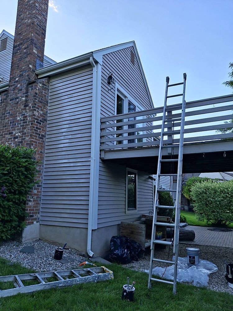 Rear elevation and deck railings mid-repaint with ladder set up